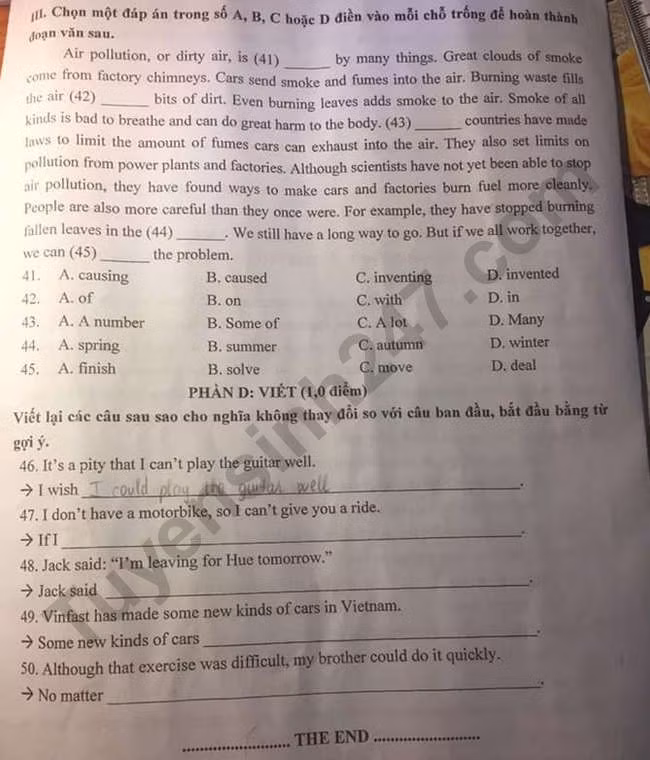 Đề thi tuyển sinh vào lớp 10 môn Tiếng Anh tỉnh Thanh Hóa năm 2020. Trang 4/4. Nguồn: TTHN