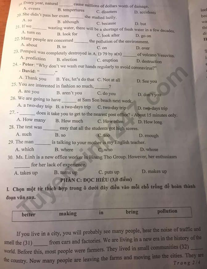 Đề thi tuyển sinh vào lớp 10 môn Tiếng Anh tỉnh Thanh Hóa năm 2020. Trang 2/4. Nguồn: TTHN