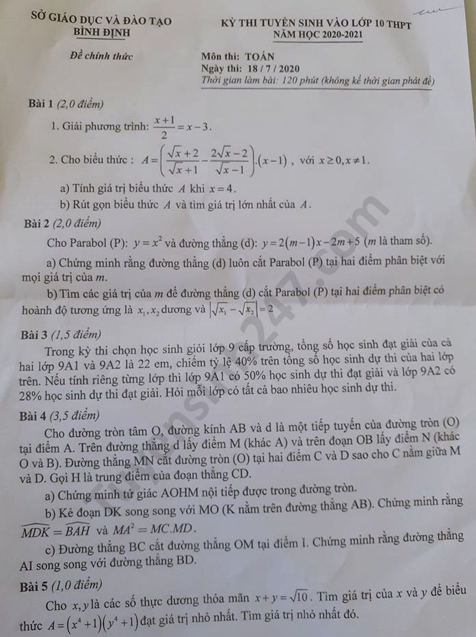 Đề thi tuyển sinh vào lớp 10 môn Toán tỉnh Bình Định năm 2020. Nguồn: TTHN