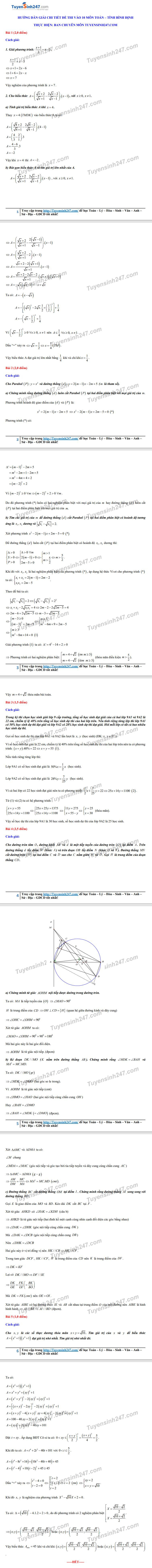 Đáp án tham khảo đề thi tuyển sinh vào lớp 10 môn Toán tỉnh Bình Định năm 2020. Nguồn: TTHN