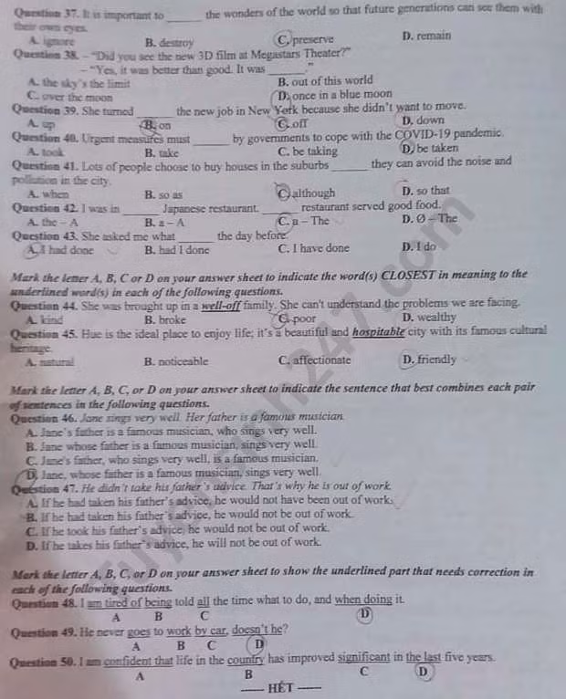 Đề thi tuyển sinh vào lớp 10 môn Tiếng Anh tỉnh Bắc Ninh năm 2020. Trang 4/4. Nguồn: TTHN