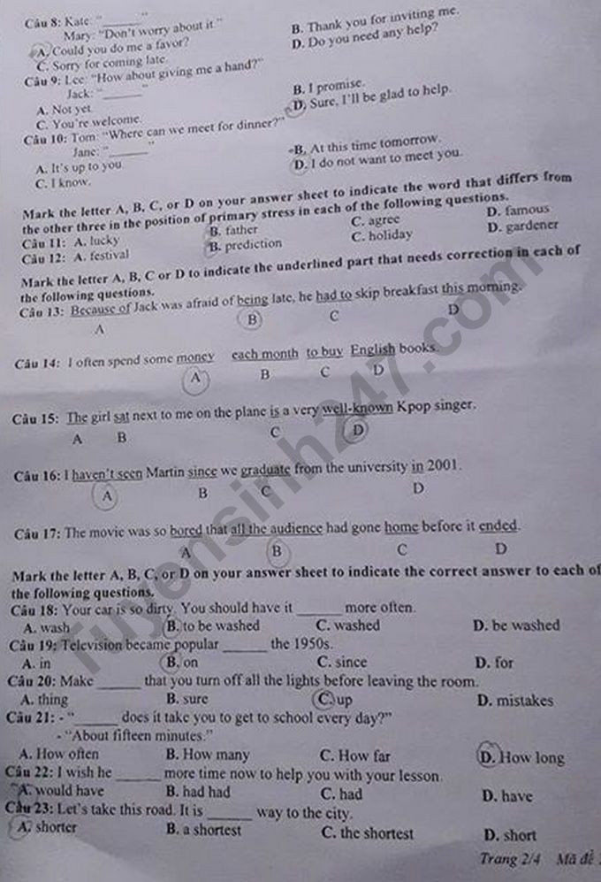 Đề thi tuyển sinh vào lớp 10 môn Tiếng Anh tỉnh Nghệ An năm 2020. Trang 2/4. Nguồn: TTHN