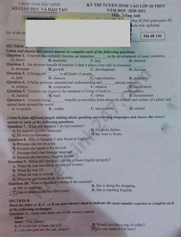Đề thi tuyển sinh vào lớp 10 môn Tiếng Anh tỉnh Bắc Ninh năm 2020. Trang 1/4. Nguồn: TTHN