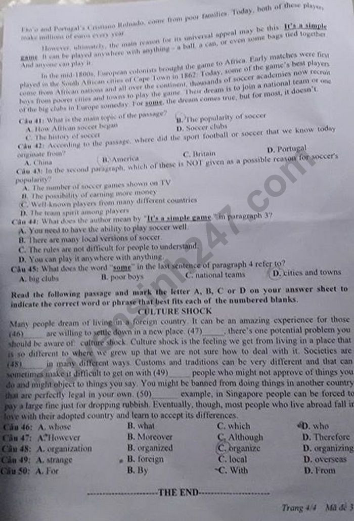 Đề thi tuyển sinh vào lớp 10 môn Tiếng Anh tỉnh Nghệ An năm 2020. Trang 4/4. Nguồn: TTHN