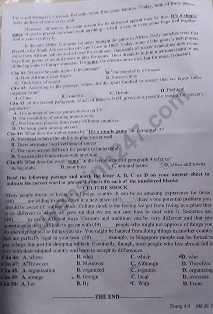 Đề thi tuyển sinh vào lớp 10 môn Tiếng Anh tỉnh Nghệ An năm 2020. Trang 4/4. Nguồn: TTHN