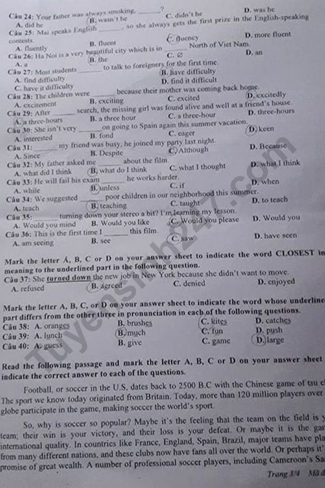 Đề thi tuyển sinh vào lớp 10 môn Tiếng Anh tỉnh Nghệ An năm 2020. Trang 3/4. Nguồn: TTHN