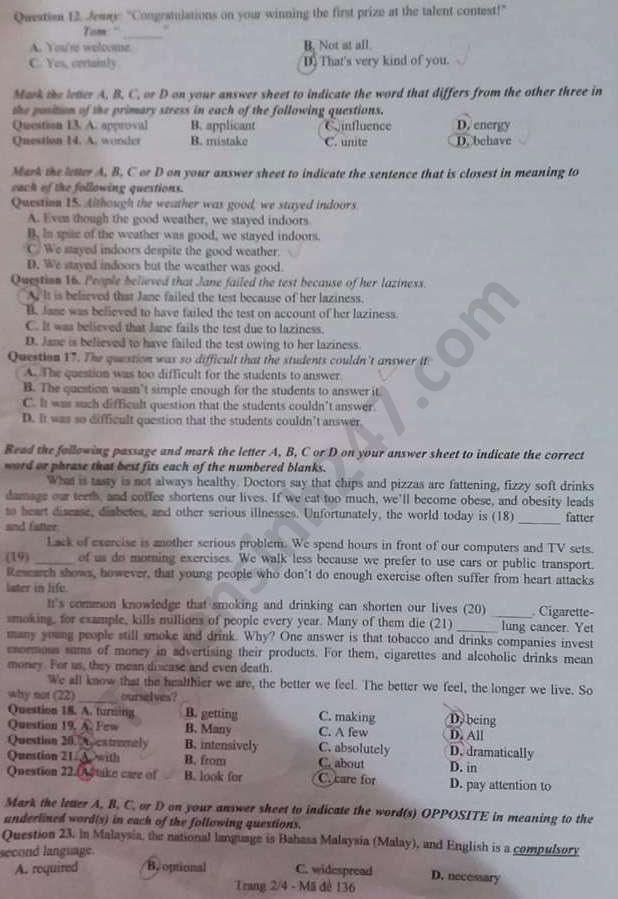 Đề thi tuyển sinh vào lớp 10 môn Tiếng Anh tỉnh Bắc Ninh năm 2020. Trang 2/4. Nguồn: TTHN
