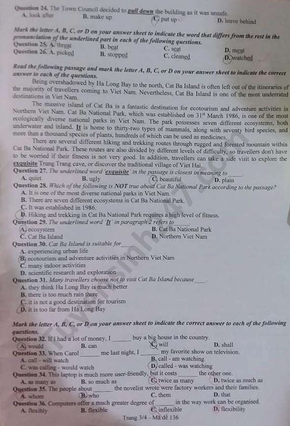 Đề thi tuyển sinh vào lớp 10 môn Tiếng Anh tỉnh Bắc Ninh năm 2020. Trang 3/4. Nguồn: TTHN