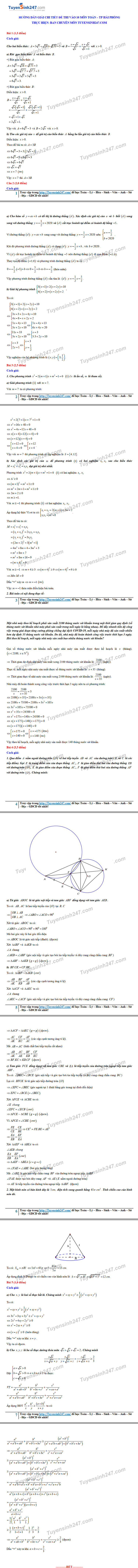Đáp án tham khảo đề thi tuyển sinh vào lớp 10 môn Toán thành phố Hải Phòng năm 2020. Nguồn: TTHN