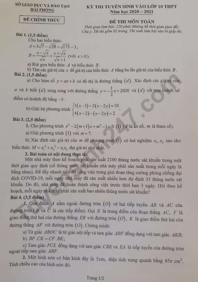 Đề thi tuyển sinh vào lớp 10 môn Toán thành phố Hải Phòng năm 2020 (Trang 1/2) Nguồn: TTHN