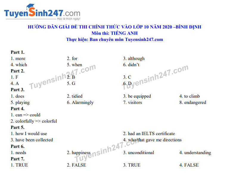 Đáp án tham khảo đề thi tuyển sinh vào lớp 10 môn Tiếng Anh tỉnh Bình Định năm 2020. Nguồn: TTHN