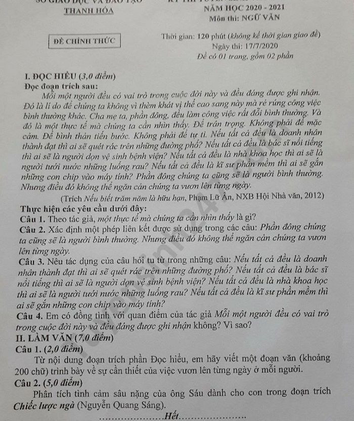 Đề thi tuyển sinh vào lớp 10 môn Ngữ Văn tỉnh Thanh Hóa năm 2020. Ảnh: TTHN