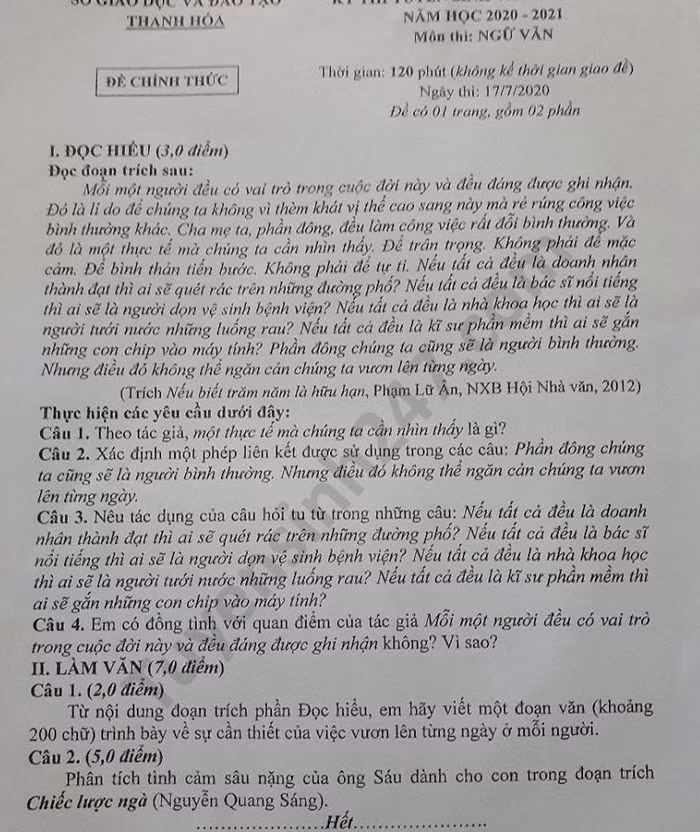 Đề thi tuyển sinh vào lớp 10 môn Ngữ Văn tỉnh Thanh Hóa năm 2020. Ảnh: TTHN