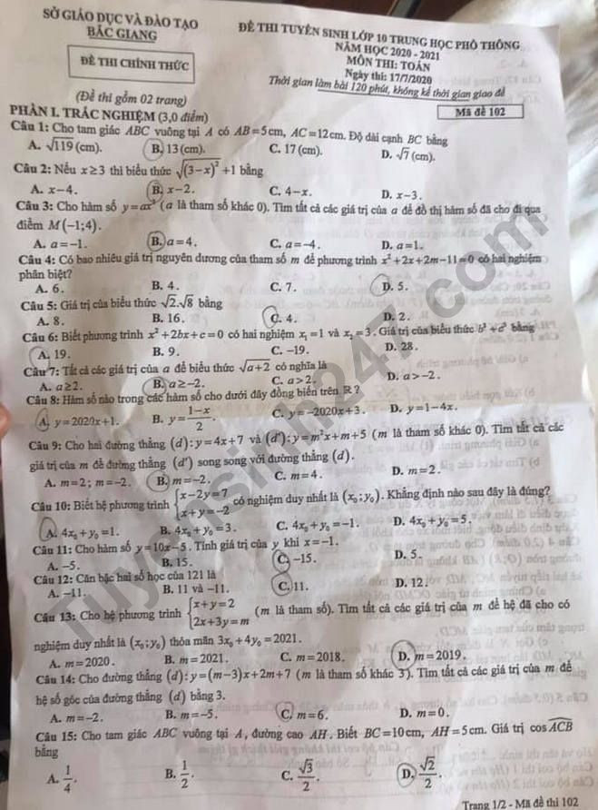 Đề thi tuyển sinh vào lớp 10 môn Toán tỉnh Bắc Giang năm 2020. Ảnh: TTHN