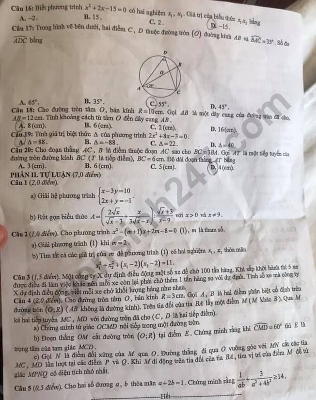 Đề thi tuyển sinh vào lớp 10 môn Toán tỉnh Bắc Giang năm 2020. Ảnh: TTHN