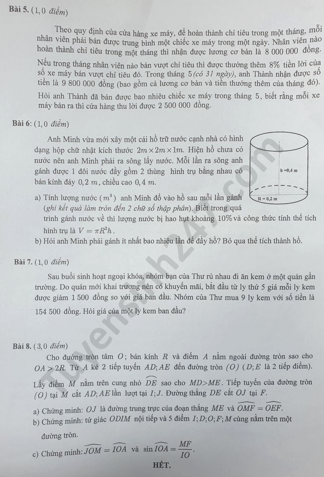 Đề thi tuyển sinh vào lớp 10 môn Toán TPHCM năm 2020. Ảnh: TTHN