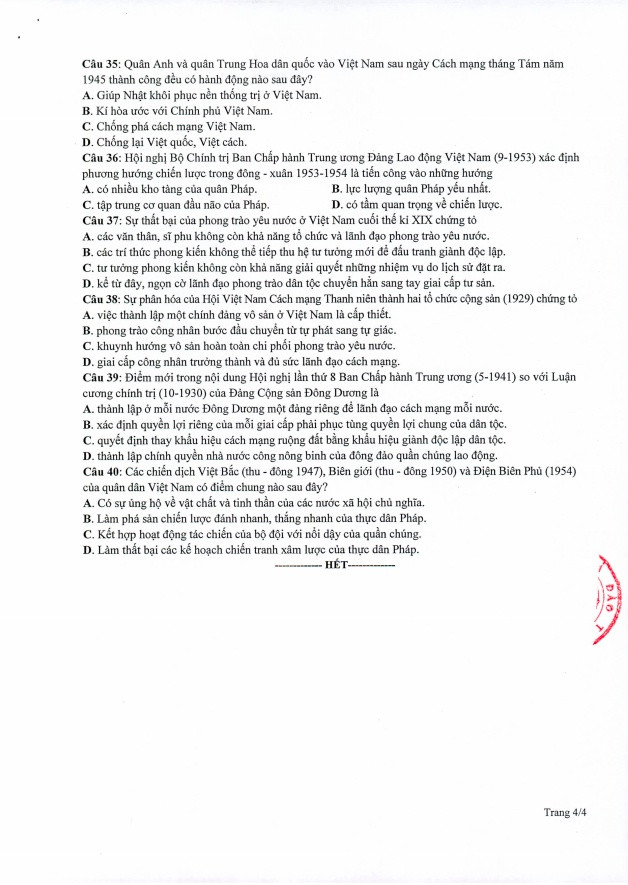 Đề thi tốt nghiệp THPT năm 2020 môn Lịch Sử. Đề thi tốt nghiệp THPT năm 2020 môn Lịch Sử.