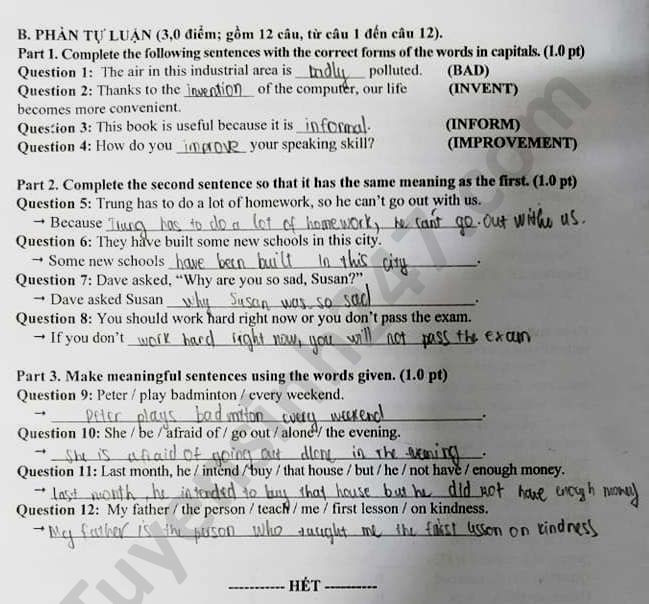 Đề thi tuyển sinh vào lớp 10 môn Tiếng Anh TP Cần Thơ năm 2020. Nguồn: TTHN