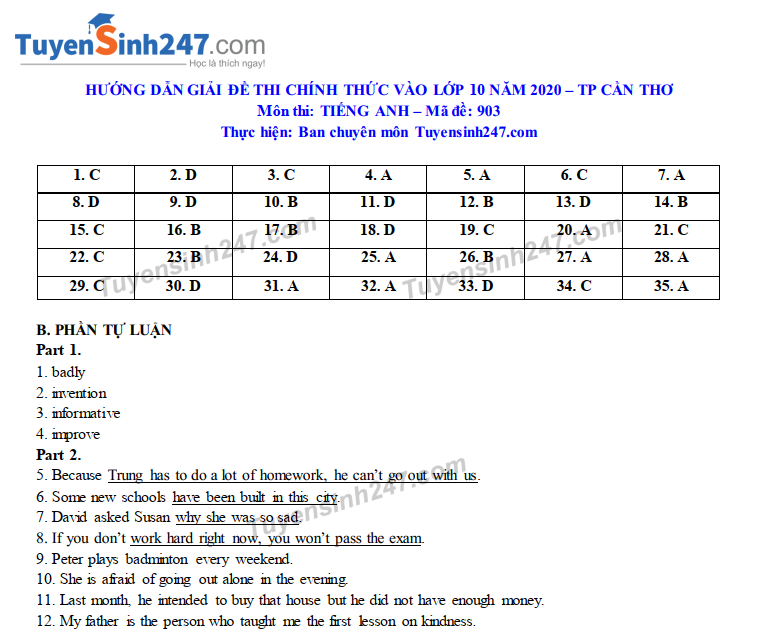 Đáp án tham khảo đề thi tuyển sinh vào lớp 10 môn Tiếng Anh TP Cần Thơ năm 2020. Nguồn: TTHN