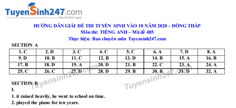 Đáp án tham khảo đề thi tuyển sinh vào lớp 10 môn Tiếng Anh tỉnh Đồng Tháp năm 2020. Nguồn: TTHN