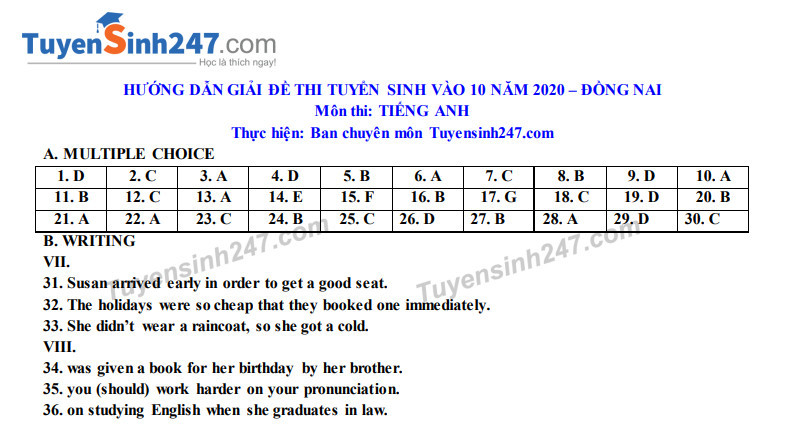 Đáp án tham khảo đề thi tuyển sinh vào lớp 10 môn Tiếng Anh tỉnh Đồng Nai năm 2020. Nguồn: TTHN