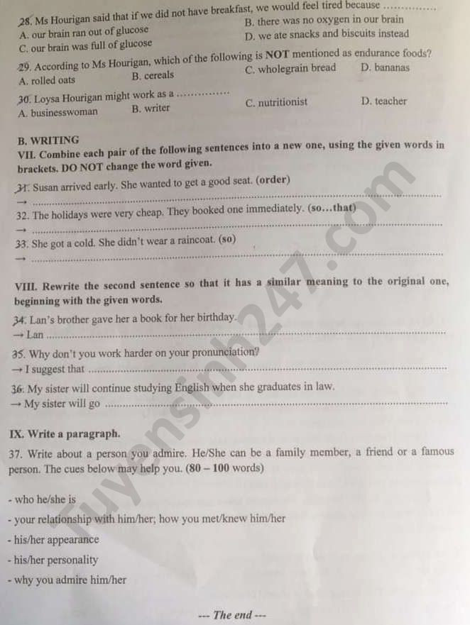 Đề thi tuyển sinh vào lớp 10 môn Tiếng Anh tỉnh Đồng Nai năm 2020. Nguồn: TTHN