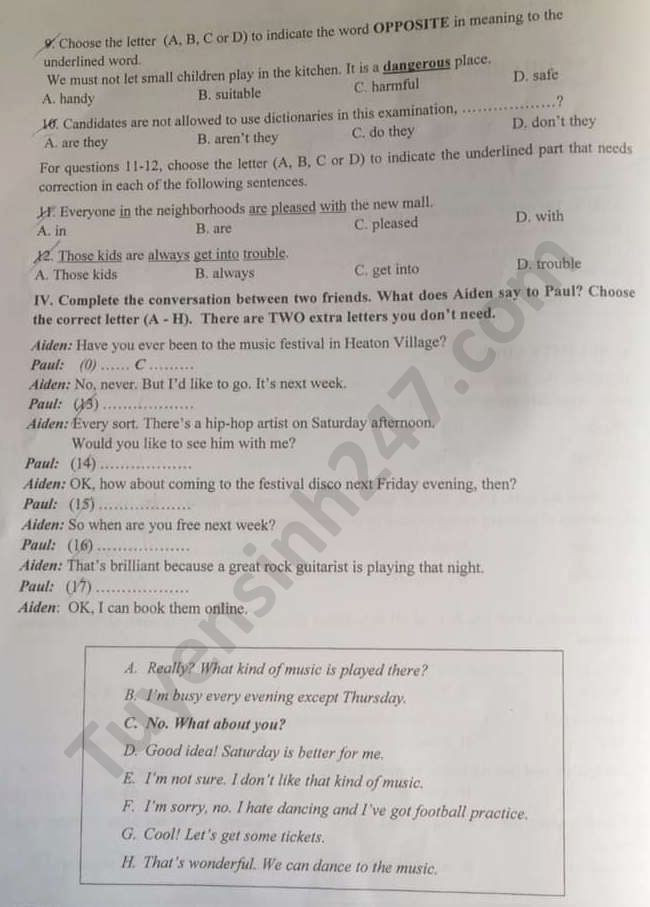 Đề thi tuyển sinh vào lớp 10 môn Tiếng Anh tỉnh Đồng Nai năm 2020. Nguồn: TTHN