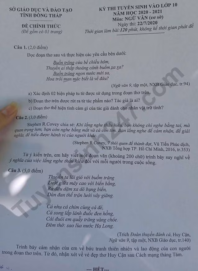 Đề thi tuyển sinh vào lớp 10 môn Ngữ Văn tỉnh Đồng Tháp năm 2020. Nguồn: TTHN