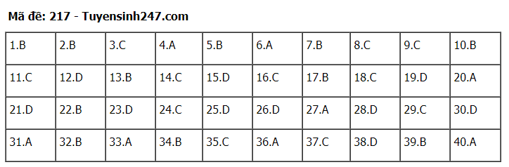 Đáp án tham khảo đề thi tốt nghiệp THPT năm 2020 môn Vật Lý mã đề 217. Nguồn: TTHN