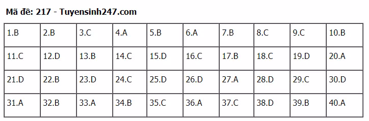 Đáp án tham khảo đề thi tốt nghiệp THPT năm 2020 môn Vật Lý mã đề 217. Nguồn: TTHN
