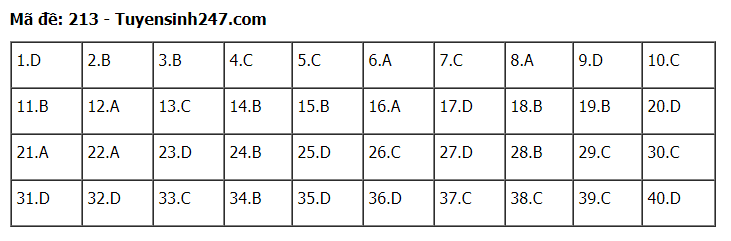 Đáp án tham khảo đề thi tốt nghiệp THPT năm 2020 môn Vật Lý mã đề 213. Nguồn: TTHN Đáp án tham khảo đề thi tốt nghiệp THPT năm 2020 môn Vật Lý mã đề 213. Nguồn: TTHN