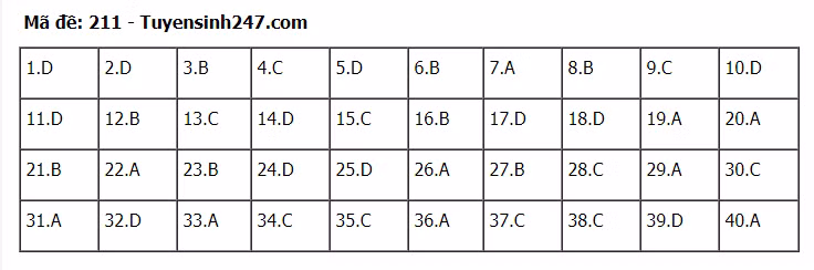 Đáp án tham khảo đề thi tốt nghiệp THPT năm 2020 môn Vật Lý mã đề 211. Nguồn: TTHN