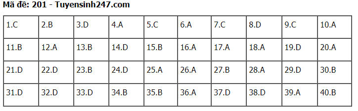 Đáp án tham khảo đề thi tốt nghiệp THPT năm 2020 môn Vật Lý mã đề 201. Nguồn: TTHN