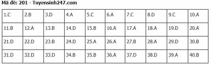 Đáp án tham khảo đề thi tốt nghiệp THPT năm 2020 môn Vật Lý mã đề 201. Nguồn: TTHN