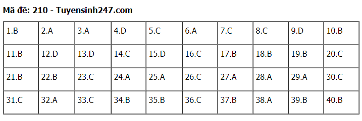 Đáp án tham khảo đề thi tốt nghiệp THPT năm 2020 môn Vật Lý mã đề 210. Nguồn: TTHN