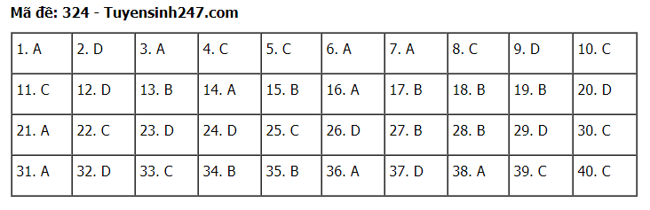 Đáp án tham khảo đề thi tốt nghiệp THPT năm 2020 môn Lịch Sử mã đề 324. Nguồn: TTHN Đáp án tham khảo đề thi tốt nghiệp THPT năm 2020 môn Lịch Sử mã đề 324. Nguồn: TTHN