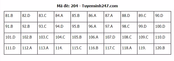 Đáp án tham khảo đề thi tốt nghiệp THPT năm 2020 môn Sinh học mã đề 204. Nguồn: TTHN
