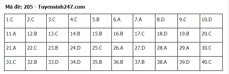 Đáp án tham khảo đề thi tốt nghiệp THPT năm 2020 môn Vật Lý mã đề 205