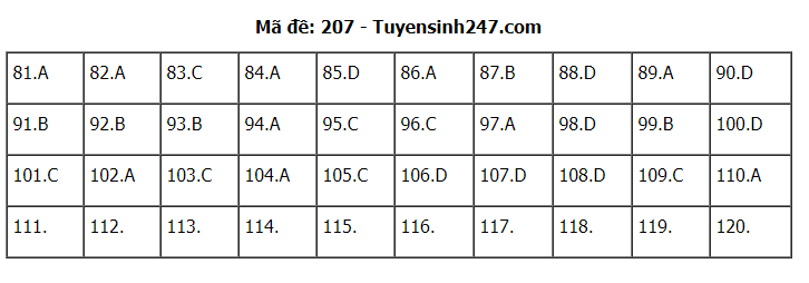 Đáp án tham khảo đề thi tốt nghiệp THPT năm 2020 môn Sinh học mã đề 207. Nguồn: TTHN