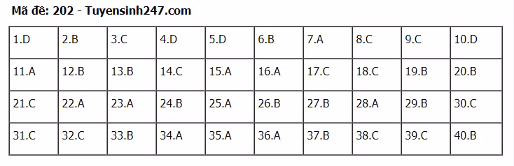 Đáp án tham khảo đề thi tốt nghiệp THPT năm 2020 môn Vật Lý mã đề 202. Nguồn: TTHN