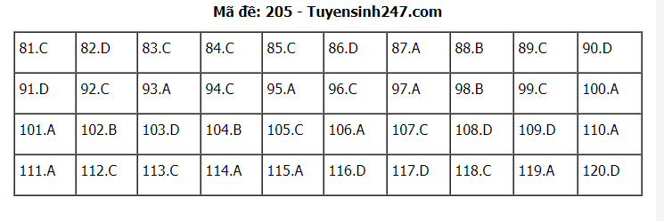 Đáp án tham khảo đề thi tốt nghiệp THPT năm 2020 môn Sinh học mã đề 205. Nguồn: TTHN