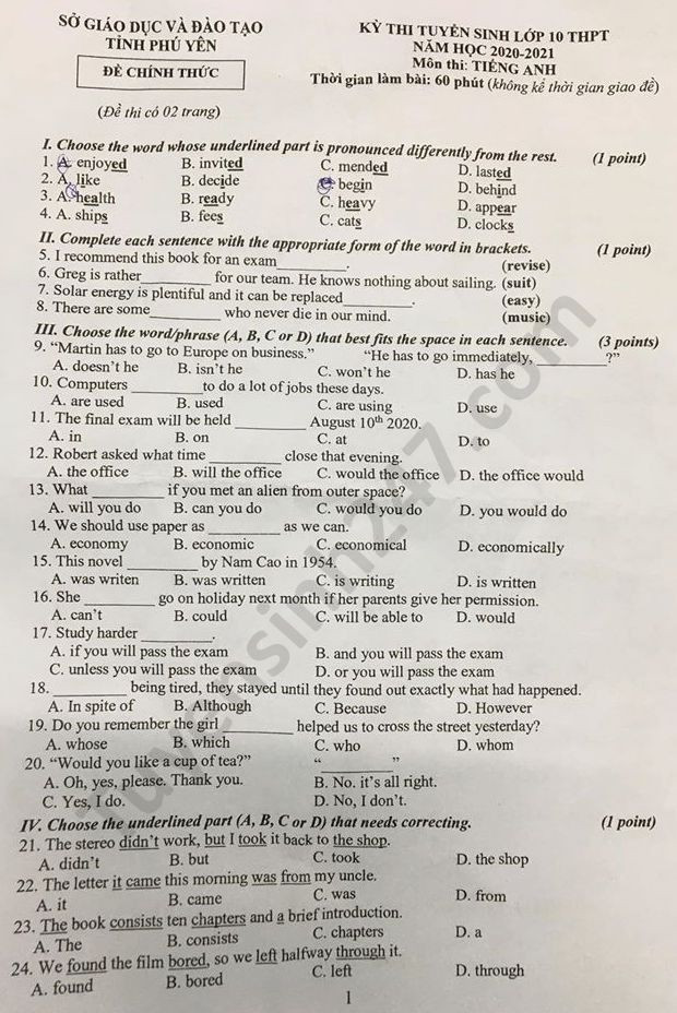 Đề thi tuyển sinh vào lớp 10 môn Tiếng Anh tỉnh Phú Yên năm 2020. Nguồn: TTHN