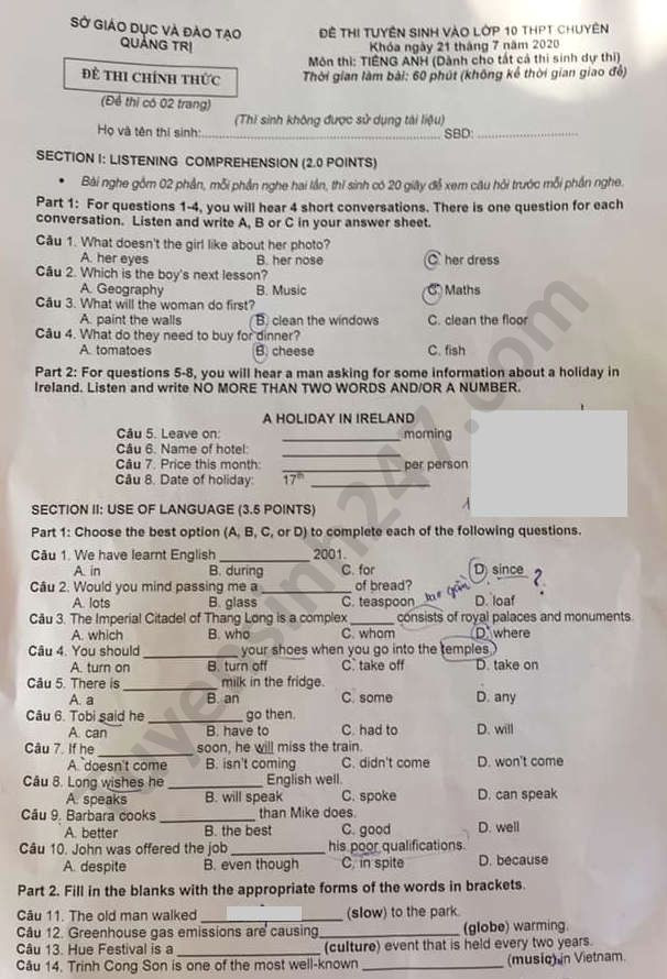 Đề thi tuyển sinh vào lớp 10 môn Tiếng Anh tỉnh Quảng Trị năm 2020. Nguồn: TTHN