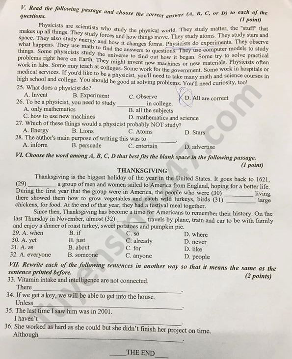 Đề thi tuyển sinh vào lớp 10 môn Tiếng Anh tỉnh Phú Yên năm 2020. Nguồn: TTHN