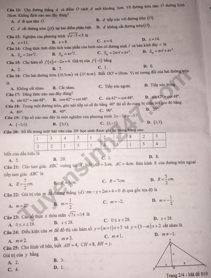 Đề thi tuyển sinh vào lớp 10 môn Toán tỉnh Yên Bái năm 2020. Trang 2/4. Nguồn: TTHN