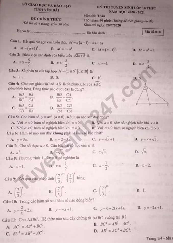 Đề thi tuyển sinh vào lớp 10 môn Toán tỉnh Yên Bái năm 2020. Trang 1/4. Nguồn: TTHN