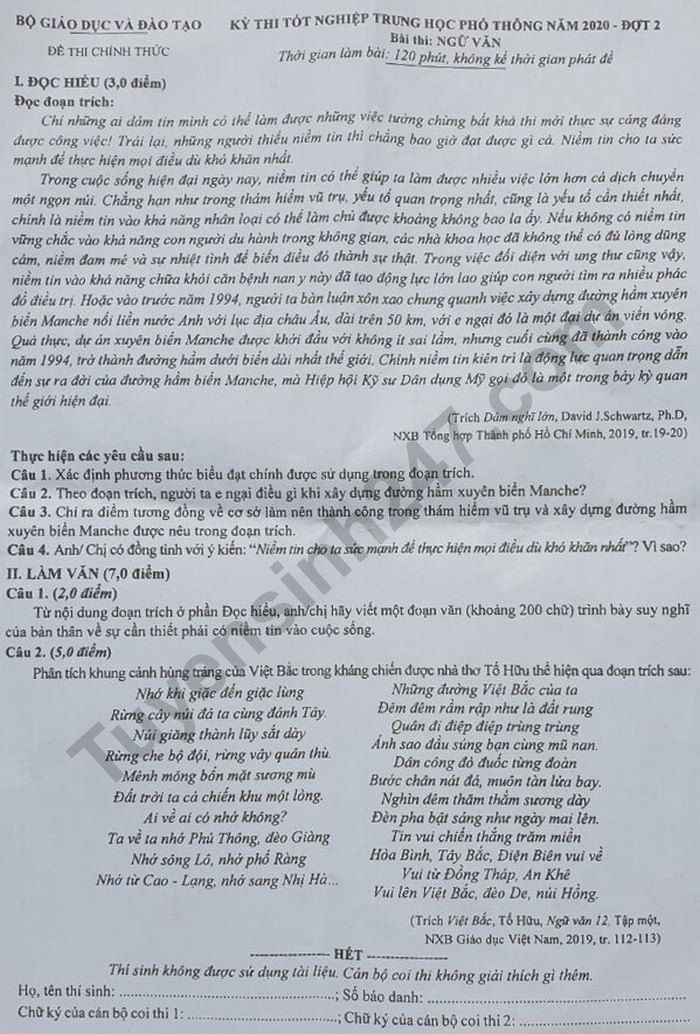 Đề thi tốt nghiệp THPT năm 2020 đợt 2 môn Ngữ Văn. Nguồn: TTHN