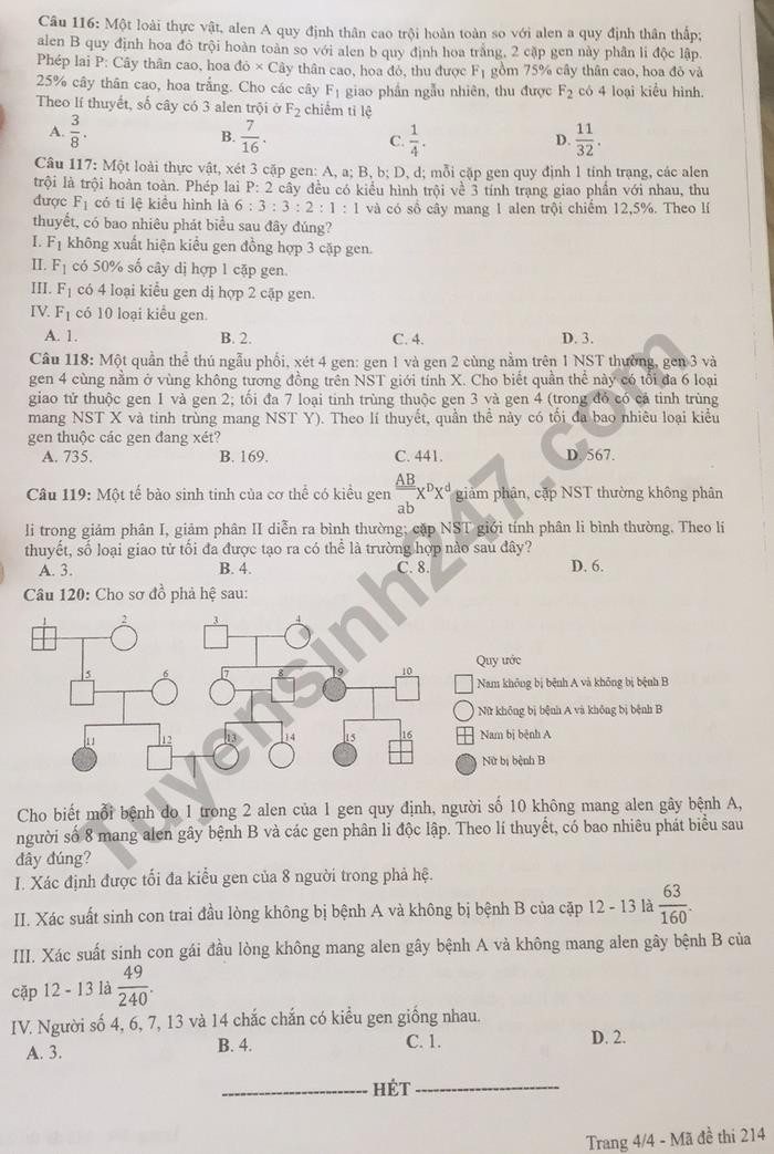 Đề thi tốt nghiệp THPT năm 2020 môn Sinh học mã đề 214. Nguồn: TTHN