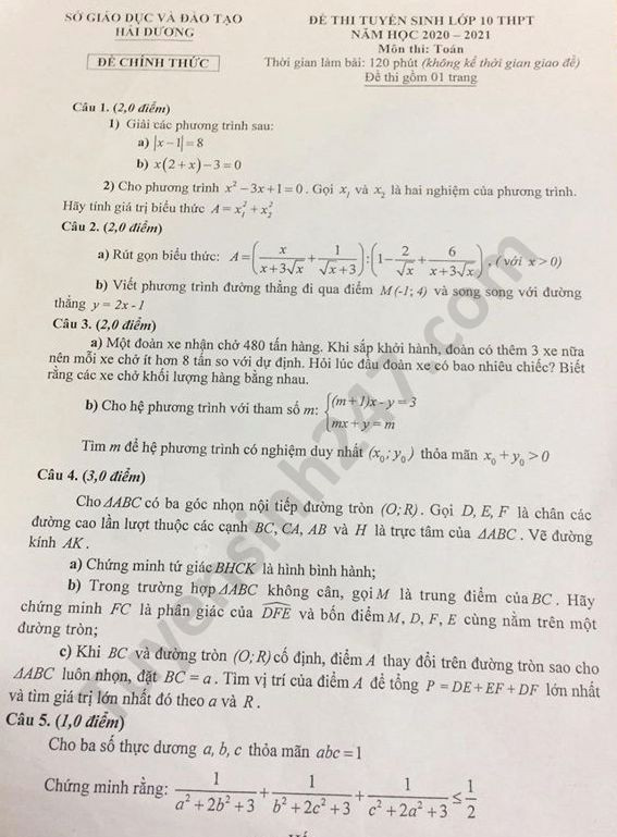 Đề thi tuyển sinh vào lớp 10 môn Toán, tỉnh Hải Dương năm 2020. Ảnh: TTHN