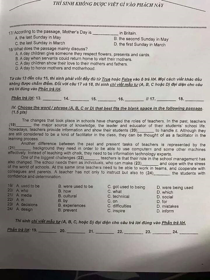 Đề thi tuyển sinh vào lớp 10 môn Anh, TPHCM năm 2020. Trang 3/4